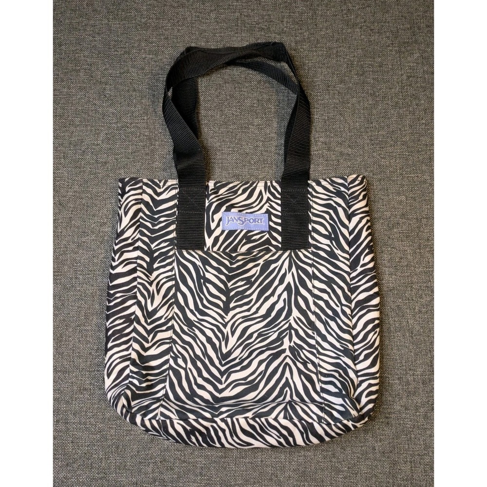 JanSport Zebra Print Square Tote Bag Black White Strap Zipper Women Purse